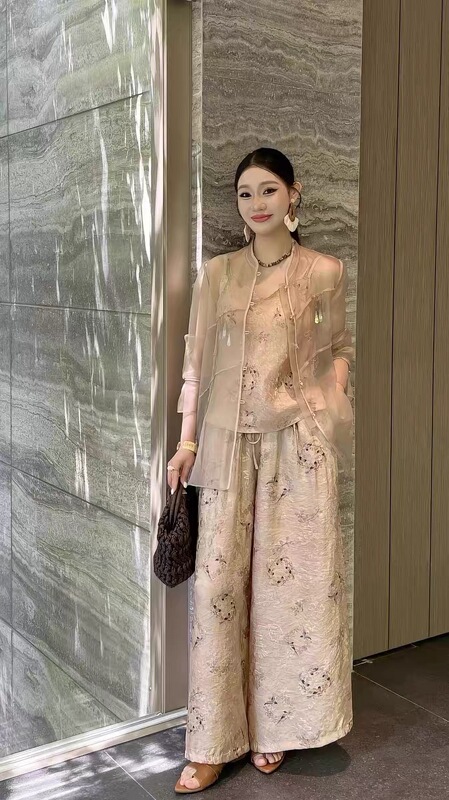 New Chinese Style Beaded Sequin Set for Women 2026 Summer New Sun Protection Shirt Wide-Leg Pants Three-Piece Set 7930