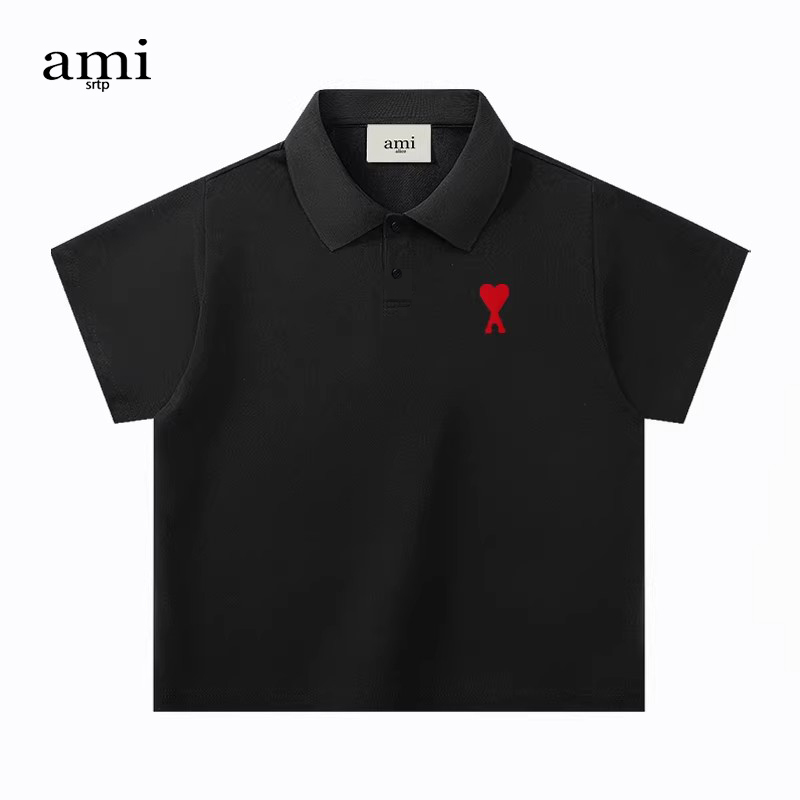 Official Ami Srtp Pure Cotton Kidsren's Polo Shirt Short-Sleeved T-Shirt 2026 Summer New Style Loose Half-Sleeved for Boys and Girls