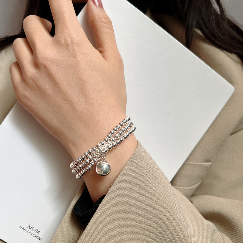 S925 Sterling Silver Round Bead Bracelet, Simple Style Elastic Cord Three-Layer Combination Silver Bead Bracelet