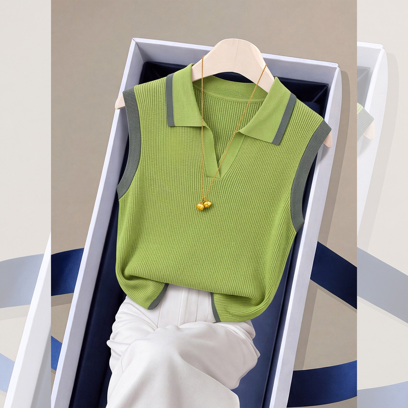 Green Straight-Shoulder Polo Collar Knit Vest Sleeveless T-Shirt for Women, Summer Wear with a Unique Design, Short Top