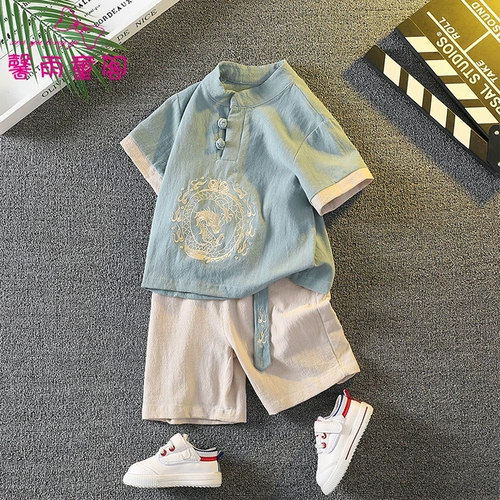 Летнее тонкое ханьфу для мальчиков, детский костюм, платье, комплект, китайский стиль, наряд на выход, из хлопка и льна