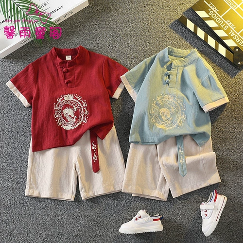 Летнее тонкое ханьфу для мальчиков, детский костюм, платье, комплект, китайский стиль, наряд на выход, из хлопка и льна