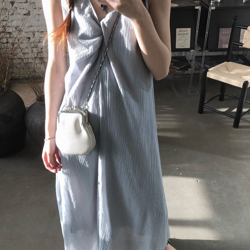 7Arewill Summer New Style Simple V-Neck Knotted Textured Tank Dress A-Line Vacation Long Dress