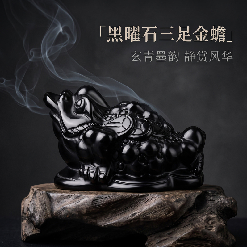 Natural Obsidian Three-Legged Fortune-Generating Toad Ornament, Three-Legged Toad Crystal Jade Amulet, Store Opening Feng Shui Natural Obsidian Three-Legged Fortune-Generating Toad Ornament, Three-Legged Toad Crystal Jade Amulet, Store Opening Feng Shui