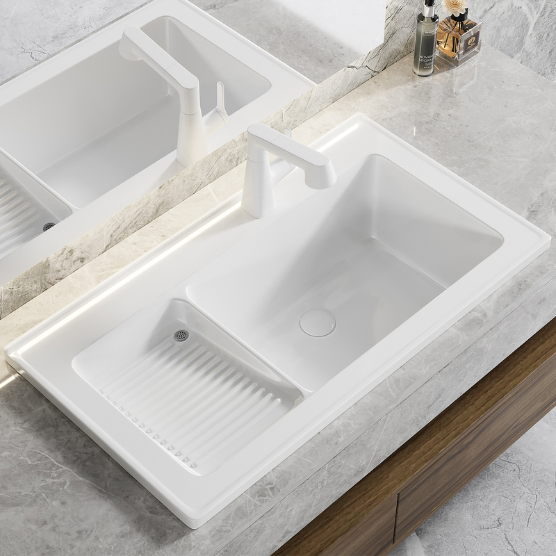 Balcony Home-Use Semi-Embedded Ceramic Bathroom Vanity Sink with Washboard, Deep Countertop Washbasin