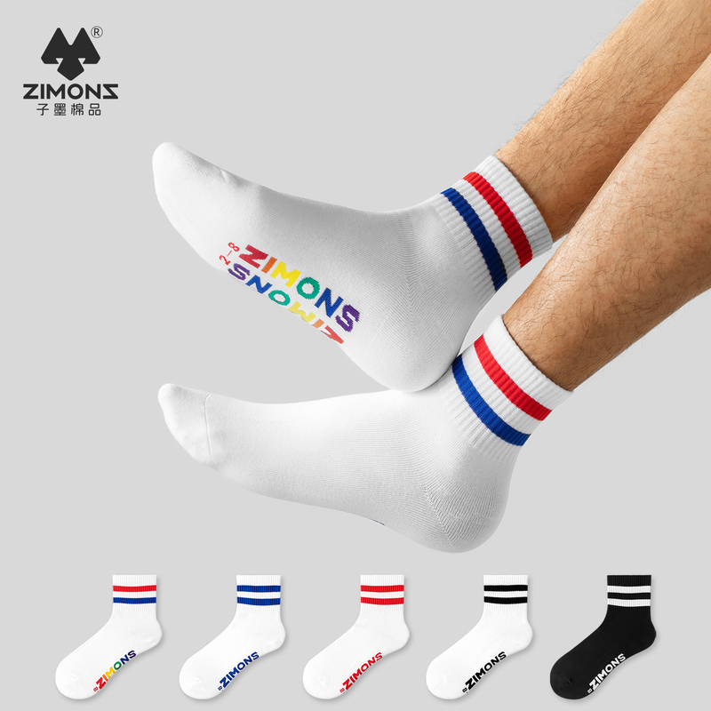 Men's Mid-Calf Socks with Two Stripes, Letter Print, Pure Cotton, Boys' College Style, Trendy, Japanese Style, Thin for Summer