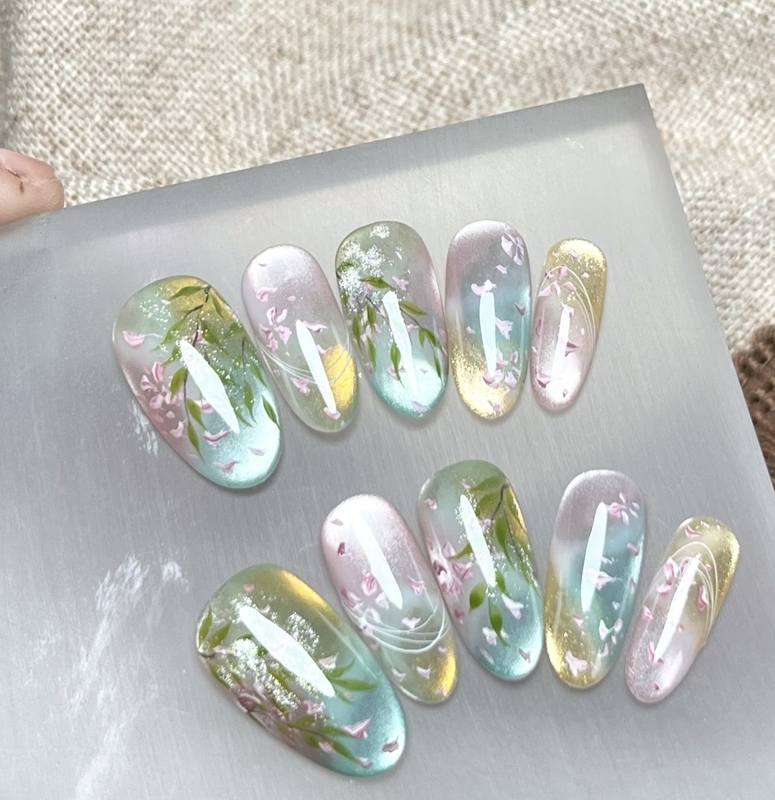 Chunhe Jingming Handmade Wearable Nails, Hand-Painted Pink Series, High-End Feel, Elegant, Brightening, Removable Fake Nail Patches