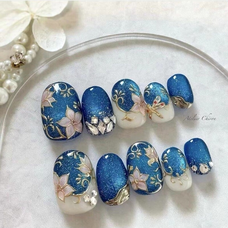 Purely Handmade Wearable Nails with a High-End Feel, Internet-Famous Sapphire Blue with Gold Foil Embossed Floral Design, Nude Color, Gentle and Elegant Nail Patches