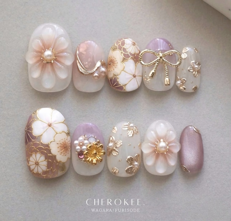 Japanese-Style Pink-Purple Three-Dimensional Flower Handmade Wearable Nails, Niche Transparent Floral Design, 2026 New Style, Gentle and Complexion-Enhancing
