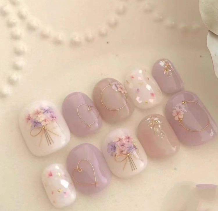 Summer New High-End Handmade Japanese-Style Short Wearable Nails Light Purple Dried Flower Elegant Manicure Summer New High-End Handmade Japanese-Style Short Wearable Nails Light Purple Dried Flower Elegant Manicure