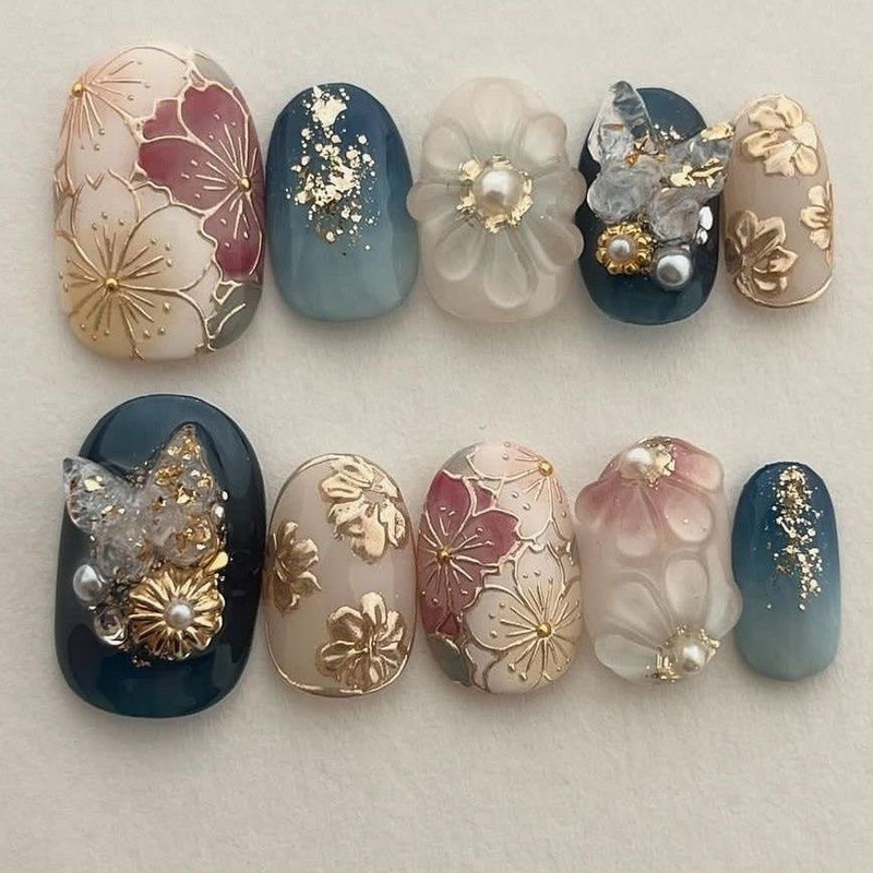 Japanese Style ins Spring Colorful Elegant Press-On Nails, High-End Short Style Butterfly Press-On Nails, Hand-Painted 3D Flower Nail Art Finished Product