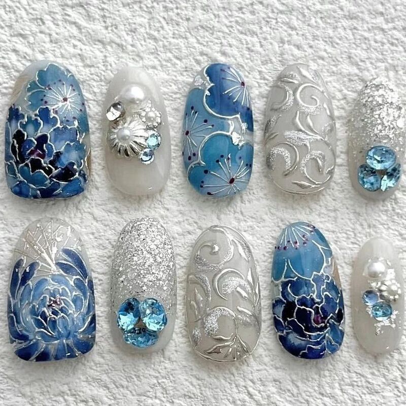 Blue Sea Handmade Wearable Nails, Hand-Painted Blue Series, High-End Feel, Elegant, Brightening, Removable Fake Nail Patches
