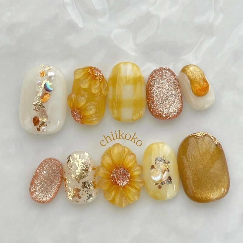 Handmade 3D Sunflower High-End Watercolor Gold-Plated Cat Eye Brightening Nail Art Nail Tips Fake Nail Stickers