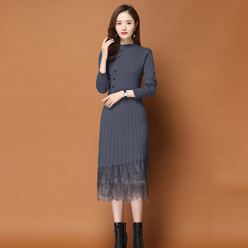 Knitted dress girl 2023 autumn and winter new medium - long coat lace over knee plus sweater dress