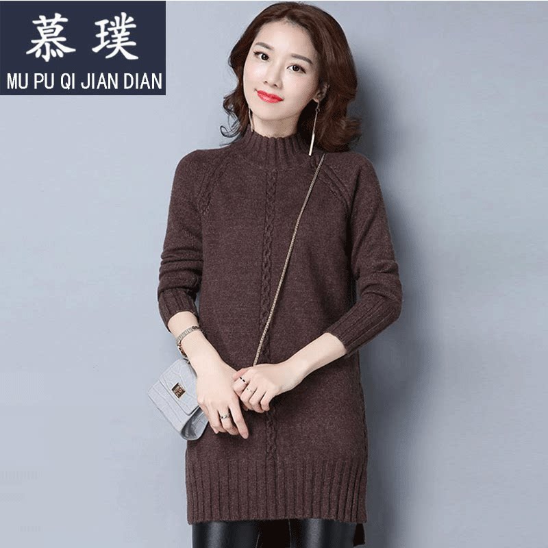 2022 Autumn Winter New Gush Thicken Sweater Woman Medium Long Version Knit Undershirt Sleeve Head Half Height Collar Long Sleeve Loose