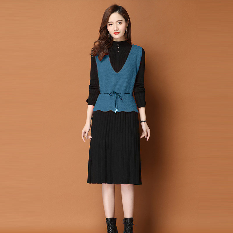 Two-piece knitted dress women's 2022 autumn and winter new long version over-the-knee plus velvet thickened bottoming sweater skirt