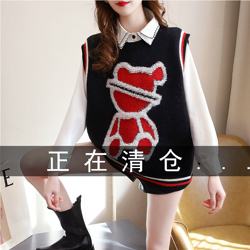 European Station 2022 New spring and autumn season jacquard Cubs sweater women knit waistcoat Waistcoat Loose outside the Camshoulder