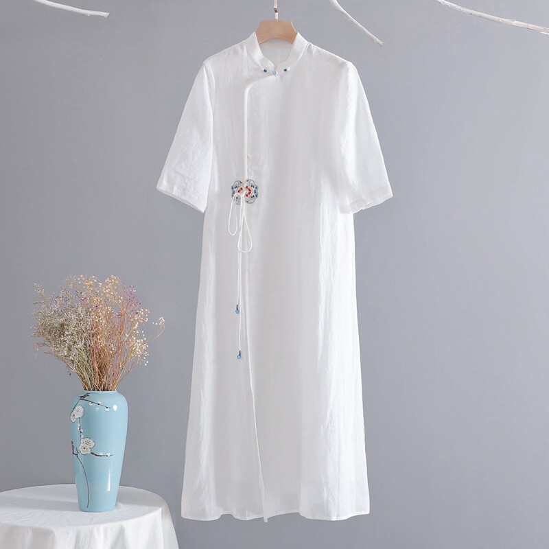 China Wind Zen Serie A Hemp Woman Dress 2022 New Breathable Qipao Tea Suit Women's Ancient Wind Cotton Numb Dress Summer