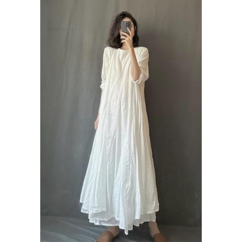 High-End New Chinese-Style Cotton and Linen Dress, Improved Hanfu, White Ethereal Zen Clothing, Cool and Zen-Inspired Women's Clothing, Long Skirt with a Large Hem