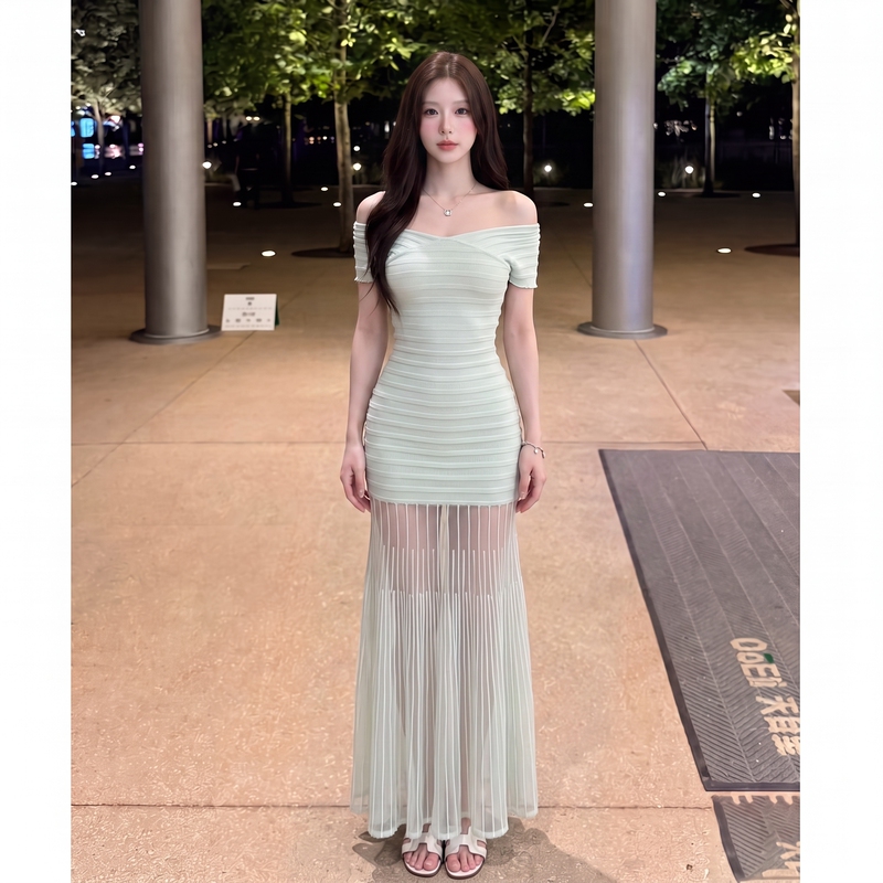 Gentle Green One-Shoulder Dress for Women, Short-Sleeved, Waist-Cinching, Bodycon, Vertical Stripe, Sheer Mesh Patchwork, Long Dress J