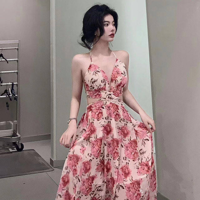 Super fairy seaside holiday chiffon floral holiday women's dress open back hollow strap high waist slit big swing dress