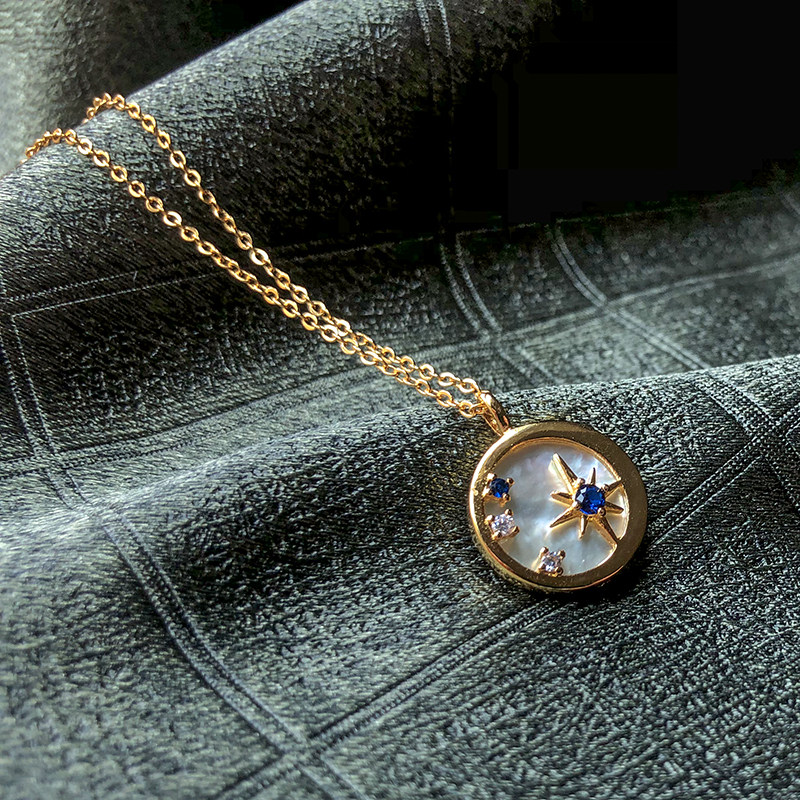 Light luxury silver plated 18k gold round white bell star neckladies with retro - ancient drilling chain