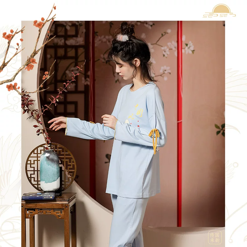 莲帝儿 Autumn demi-season pijama, cotton long-sleeve, set, Chinese style