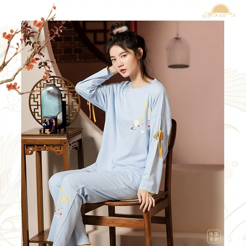 莲帝儿 Autumn demi-season pijama, cotton long-sleeve, set, Chinese style