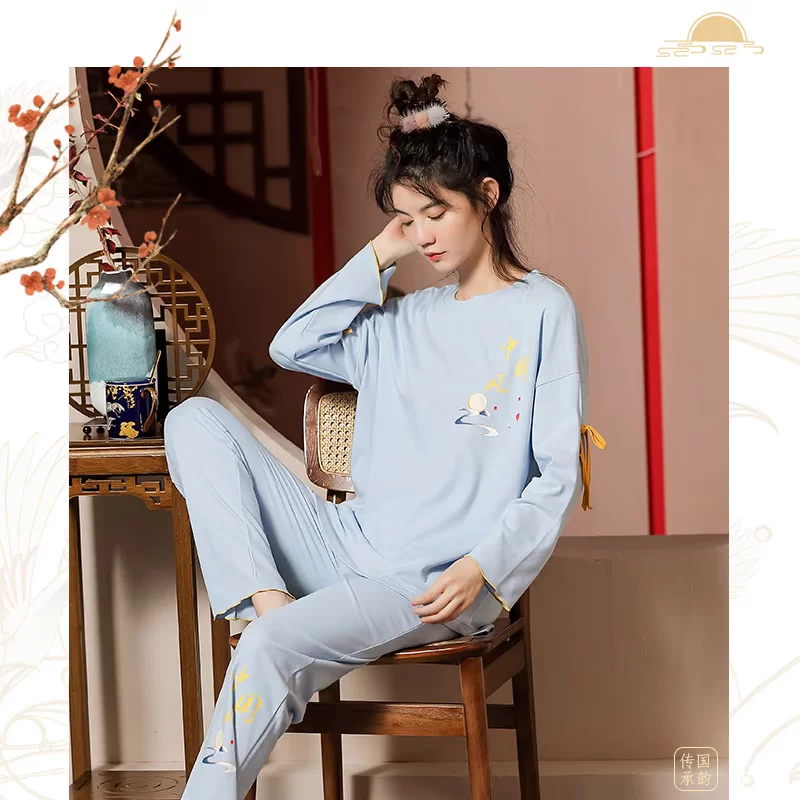 莲帝儿 Autumn demi-season pijama, cotton long-sleeve, set, Chinese style