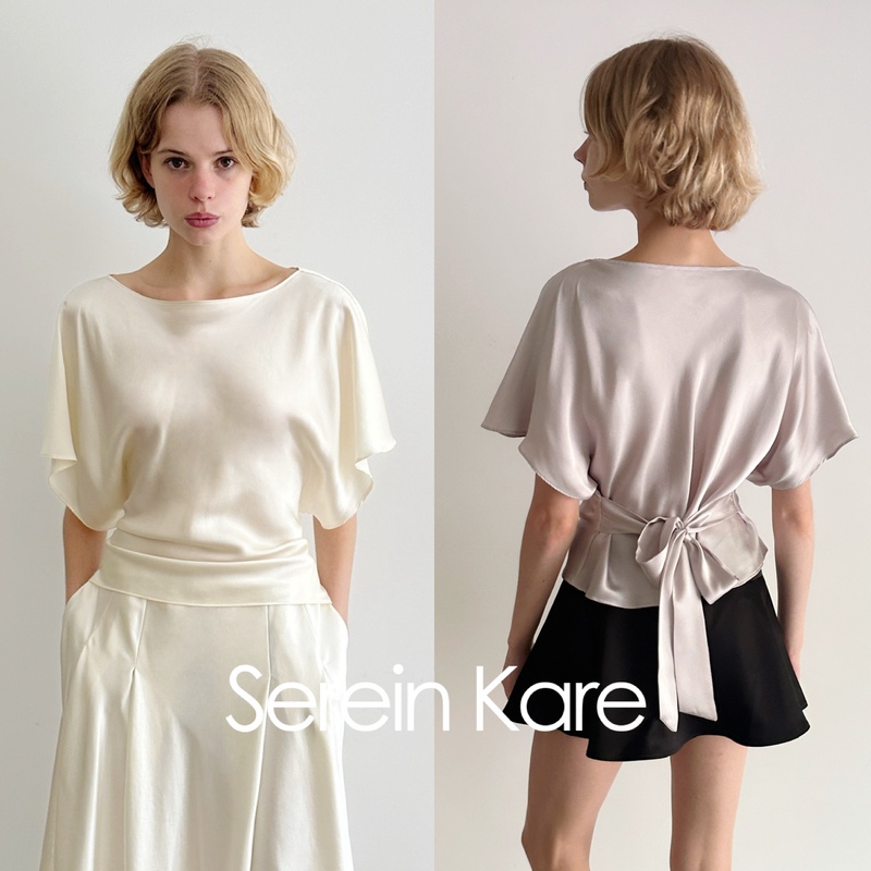Serein Kare·16Mm Silk Satin Top with Batwing Sleeves, Tie-Up Short-Sleeve Shirt, Tie-Up Waist T-Shirt