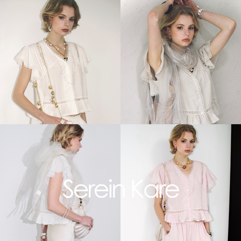 Serein Kare·Acetate Linen French Ruffled Lace V-Neck Shirt with Cut Out Lace, Breathable and Comfortable Short Sleeves Serein Kare·Acetate Linen French Ruffled Lace V-Neck Shirt with Cut Out Lace, Breathable and Comfortable Short Sleeves