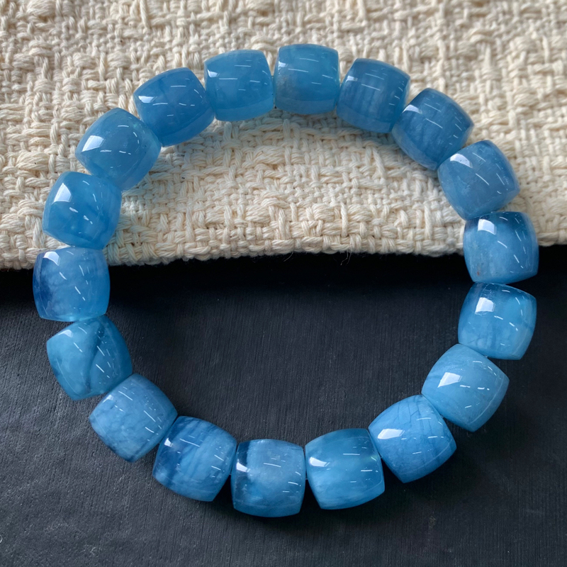 Natural Blue Aquamarine Barrel Bead Bracelet with Blue Sky and White Clouds Design, Brazilian Blue Crystal Gift Jewelry for Couples
