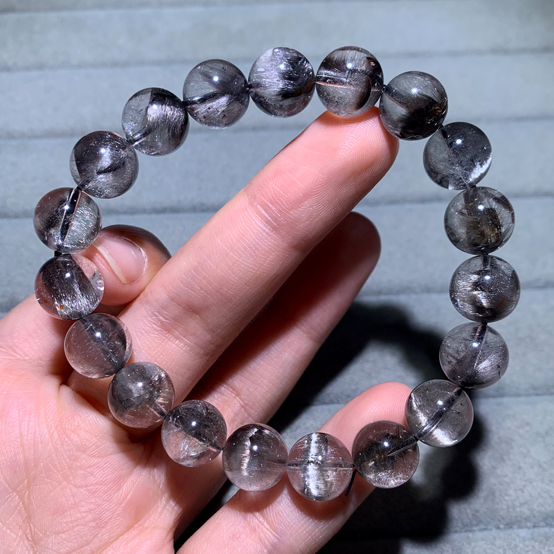 Natural Black Silver Titanium Crystal Single-Circle Bracelet with Smooth Crystal and Phantom Quartz, Versatile Couple's Jewelry for Women
