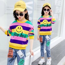 Girls sweater suit 2021 autumn new mid-sized childrens spring and autumn burst fashion tops foreign girls Korean tide