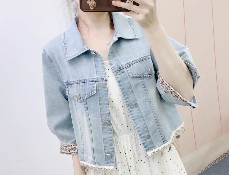 Denim Jacket with Small Shell Hem and Mid-Length Sleeves