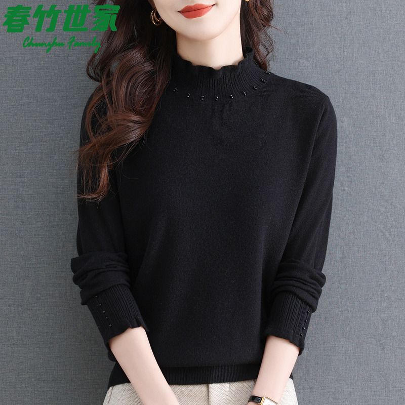 Chunzhu Shijia Black Wool Base Knit Sweater for Women, New Autumn and Winter Half-Turtleneck Pullover, Stylish Base Shirt for Mothers