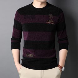 2021 Autumn Round Neck Striped Sweater T-Shirt Men's Long Sleeve Letter Jacquard Sweater Trendy Korean Style Embroidered Logo ເຄື່ອງນຸ່ງຜູ້ຊາຍ