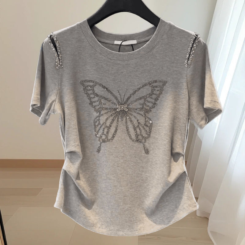 Short-Sleeved T-Shirt for Women 2026 Summer New Style Pure Cotton Off-Shoulder Diamond-Studded Butterfly Pleated Design Slimming Top T-Shirt