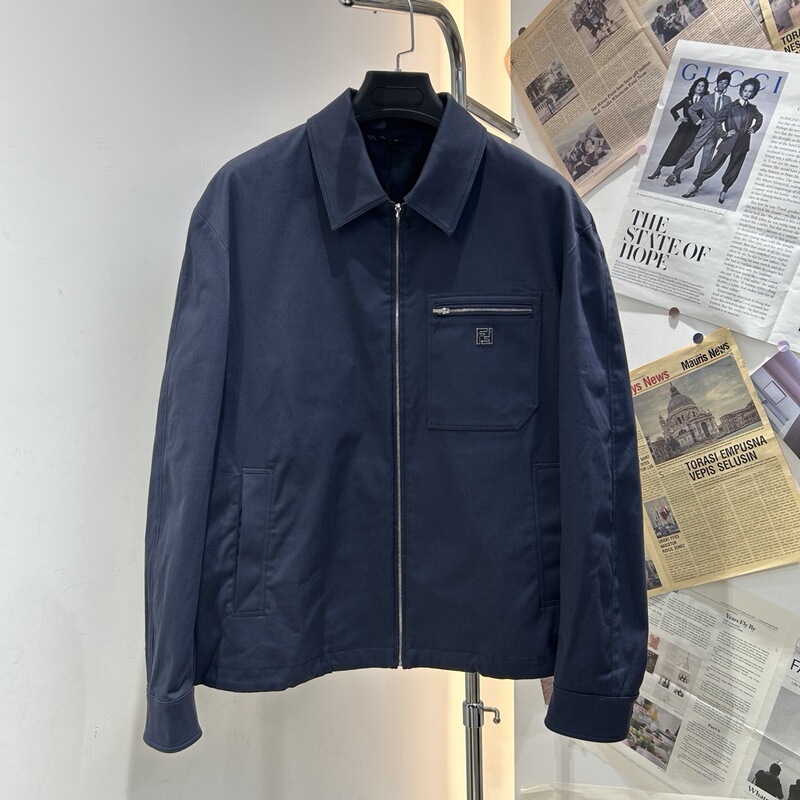 In Stock Fendi Men's Blue Double F Logo Zipper Front Pocket Shirt Collar Long Sleeve Jacket Fw1393