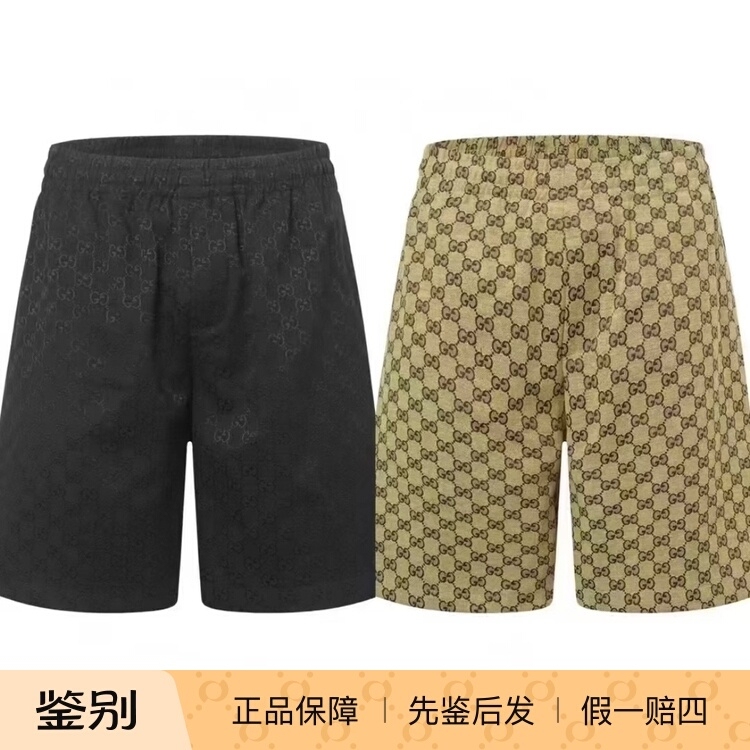 In Stock Gucci 26 Men's Black Brown Linen Blend Double g Jacquard Shorts Five-Point Shorts 810782