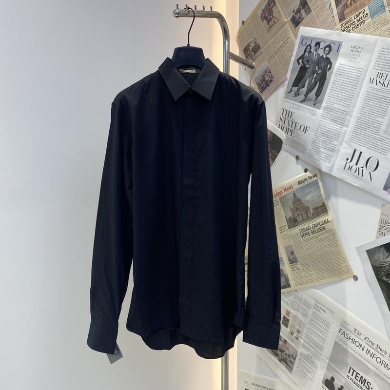 In-Stock Dior Oblique Men's Black Patterned Full-Print Hidden Button Pointed Collar Long-Sleeve Shirt 013C501