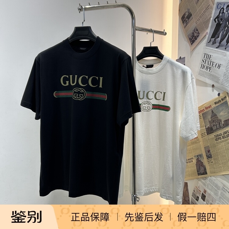In Stock Gucci 2026 Spring/Summer Men's Black and White Silk Double g Print Round Neck Short-Sleeved T-Shirt 864626