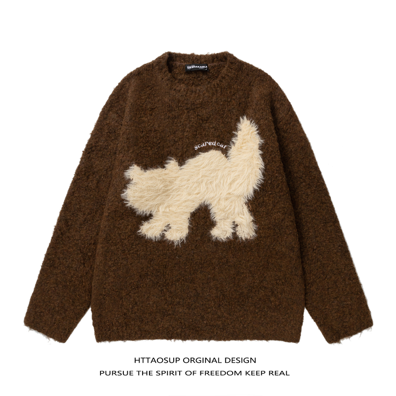 Httaosup American Retro Plush Kitten Round Neck Knitwear Men's Trendy Brand Lazy Couple Casual Pullover Sweater