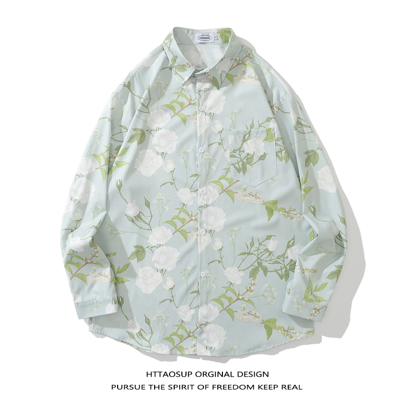 Httaosup White Flowers Are Also Available. Fresh and Elegant Floral Print All Over, Japanese Style, Casual Couple Matching Long-Sleeve Shirt