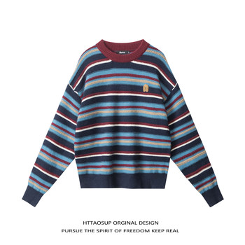 American retro contrast striped crew neck sweaters for men and women American retro contrast striped crew neck sweaters for men and women