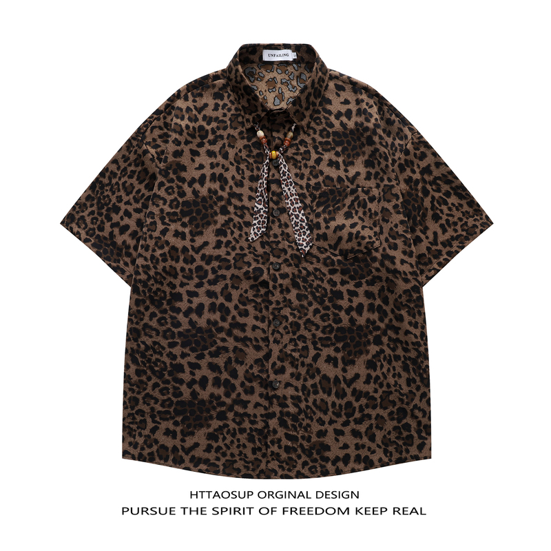 Httaosup Beaded Tie Leopard Print Short-Sleeved Shirt for Men and Women, Loose Casual Shirt, Hong Kong Style Versatile Top