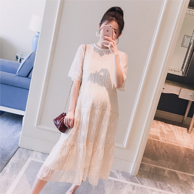 Pregnant women summer clothes 2021 new fashion wooden ear edge lace medium-long suspender fairy long dress two-piece set