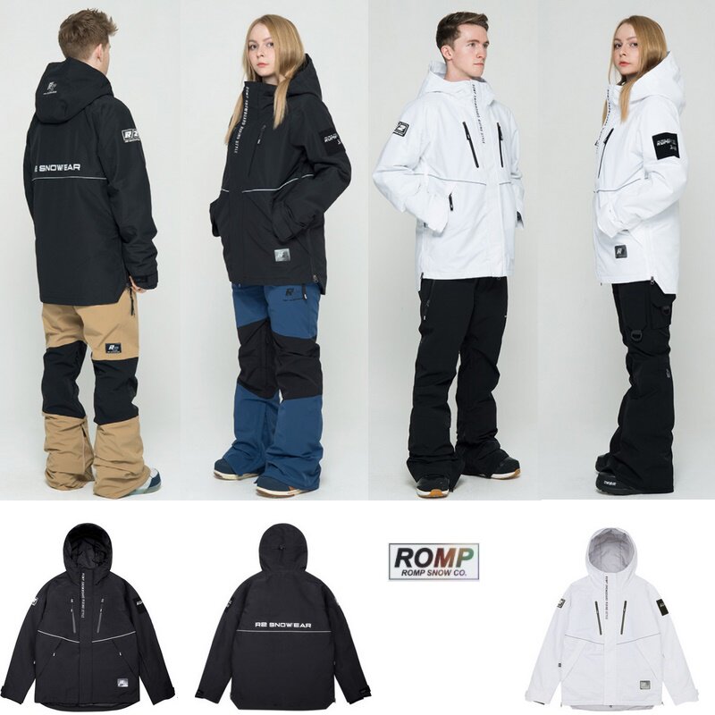 2021ROMP Korean ski suit male and female single double board waterproof windproof cotton wear and warm snow getaway black white