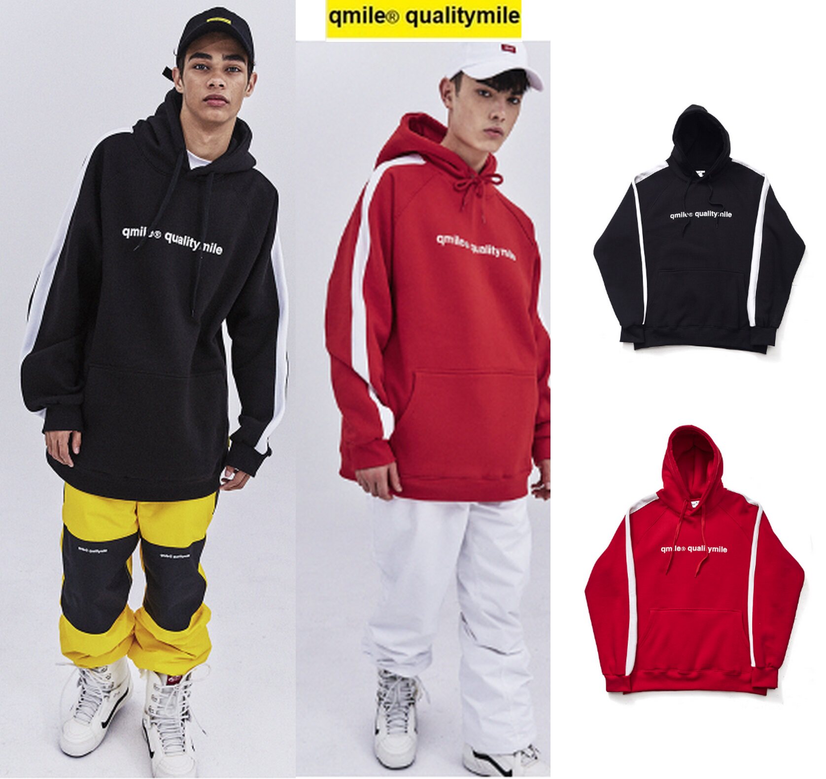 Korea ski sweater Qmile warm hoodie pullover long version single and double board male and female couples red and black