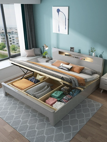 Семь -летняя магазин девять красочных человеческих кроватью серая серая скандинавская кровать из сплошной древесины Современная простая двуспальная кровать